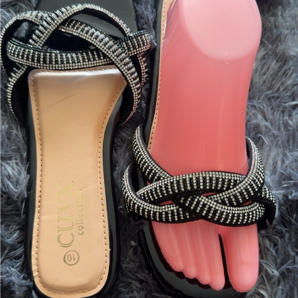 Cuuyx Black Crystal-Knot Slide Sandals
